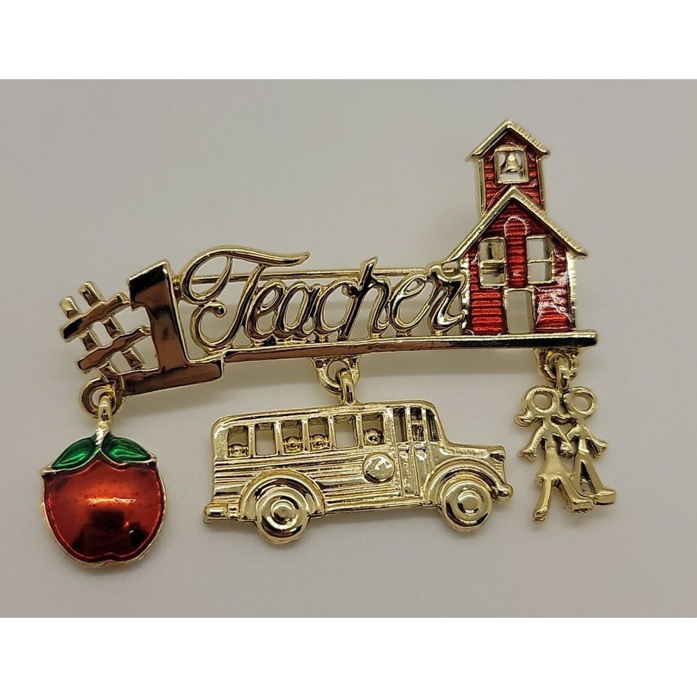Vintage gold tone Danecraft #1 Teacher kids red schoolhouse apple bus brooch pin